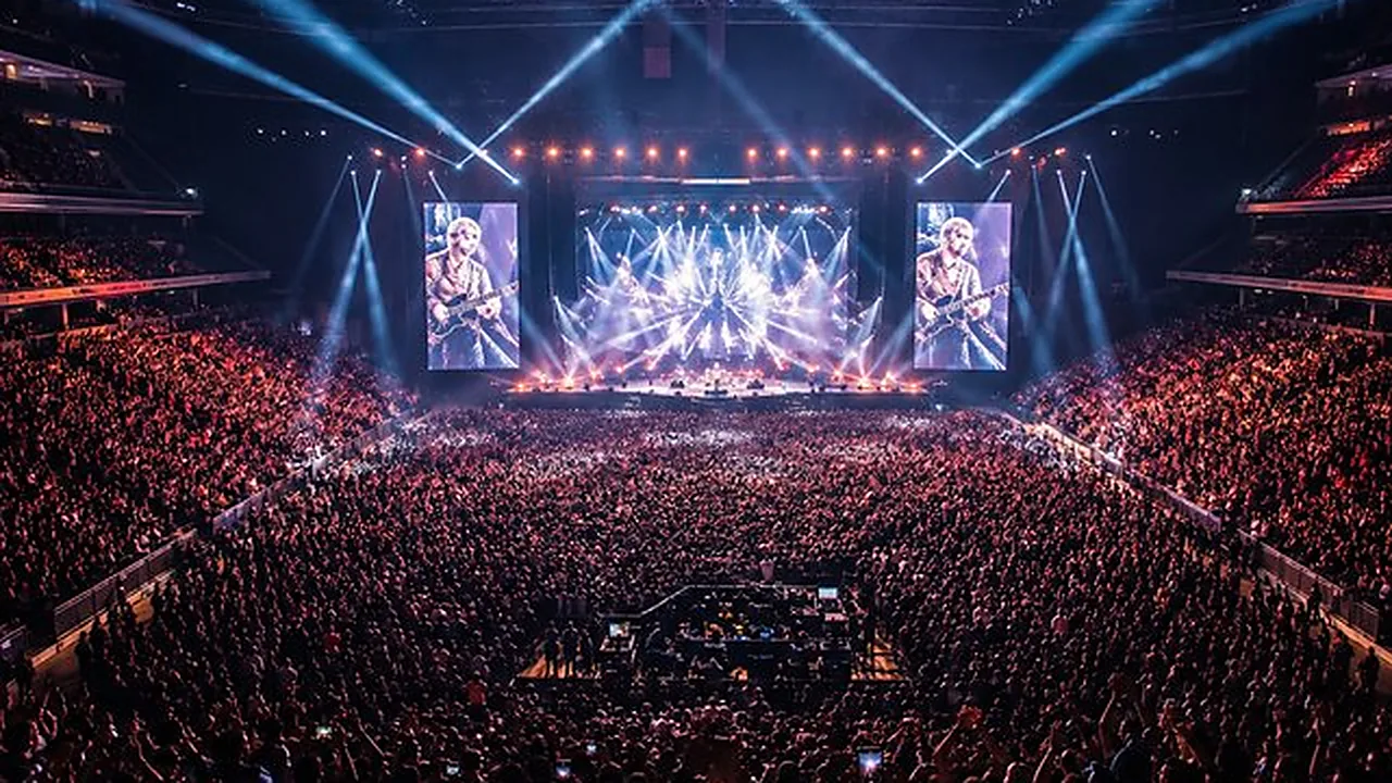 A packed arena bowl lit for a full-scale concert production